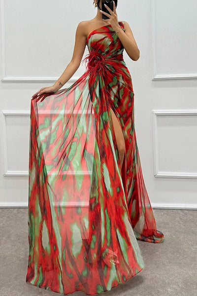 Liora - Off-Shoulder Slit Printed Maxi Dress