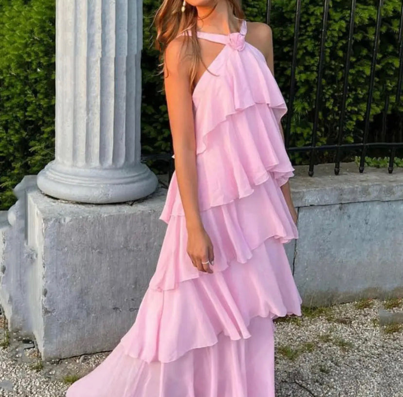 Carys - Halterneck Layered Ruffle Maxi Dress