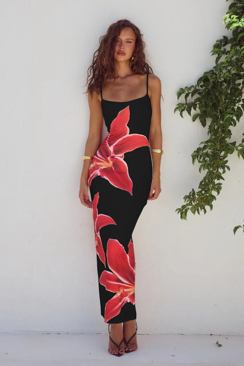 Athena - Flower Printed Back Slit Dress