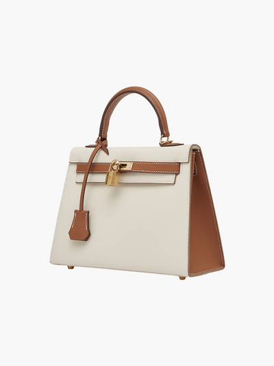 The Kelly | Luxury White & Brown Leather Handbag – Timeless & Elegant