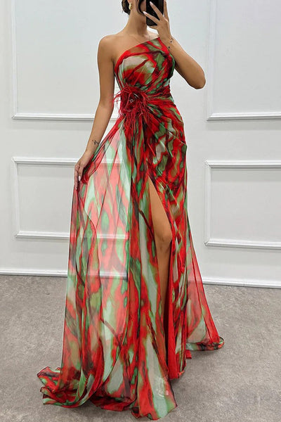 Liora - Off-Shoulder Slit Printed Maxi Dress