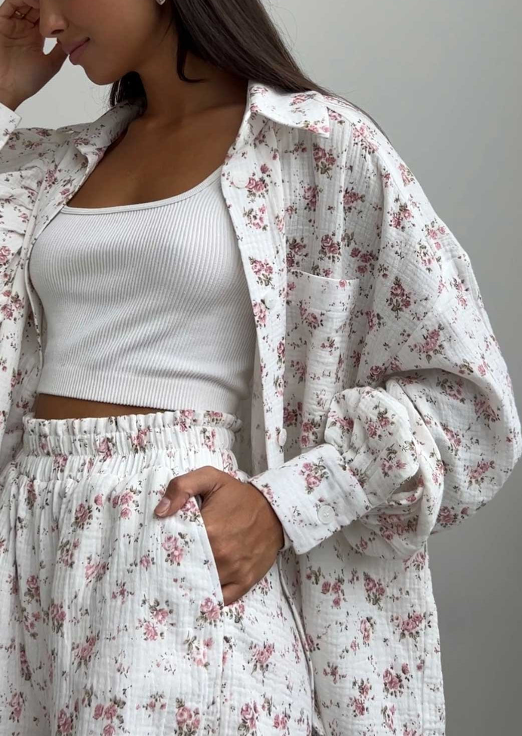 Fianna - Floral Print Shirt & Shorts Two-Piece Set