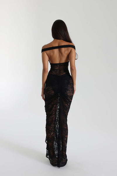 Miran - See-Through Lace Off-Shoulder Maxi Dress