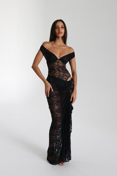 Miran - See-Through Lace Off-Shoulder Maxi Dress