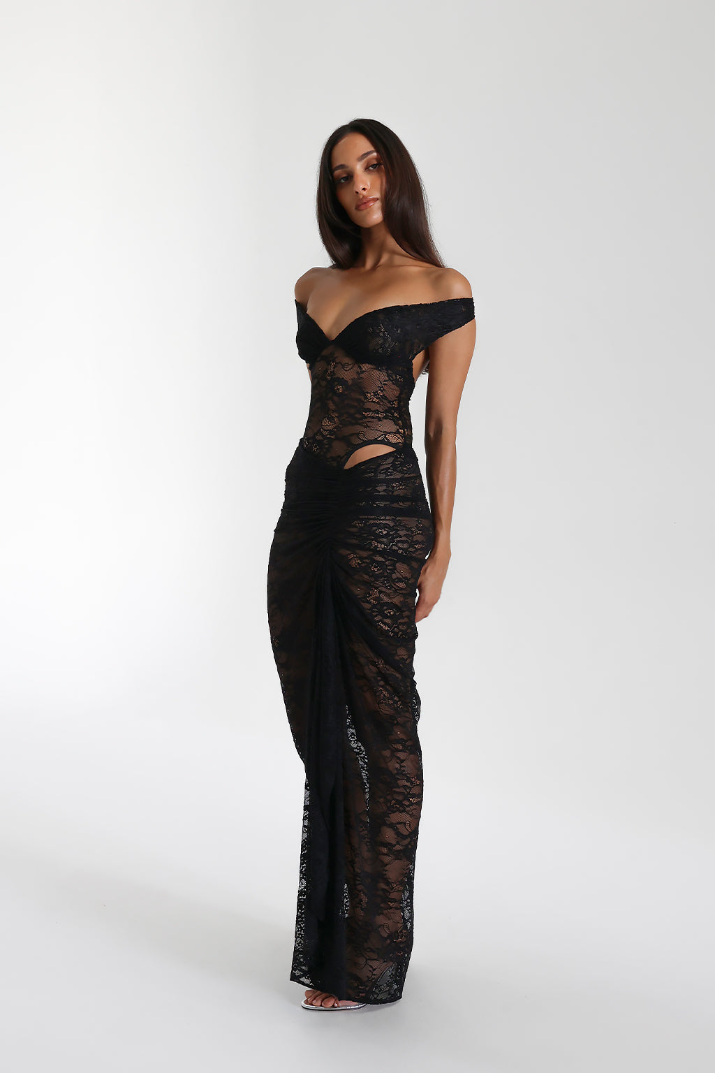 Miran - See-Through Lace Off-Shoulder Maxi Dress