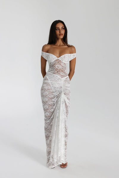 Miran - See-Through Lace Off-Shoulder Maxi Dress