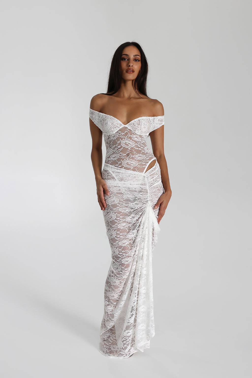 Miran - See-Through Lace Off-Shoulder Maxi Dress