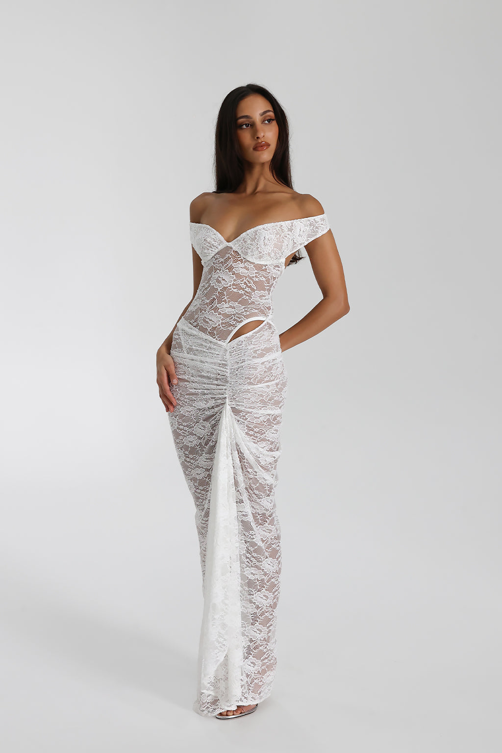 Miran - See-Through Lace Off-Shoulder Maxi Dress