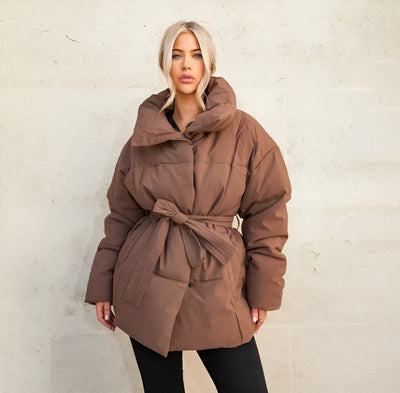 Keira - Zipper Puffer Jacket With Belt