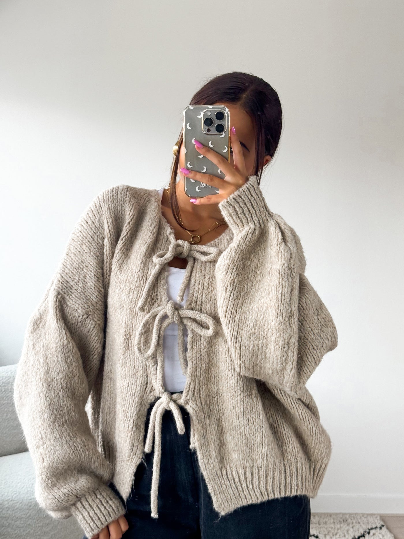 Evelina - Front-Knot Taupe Woolen Sweater