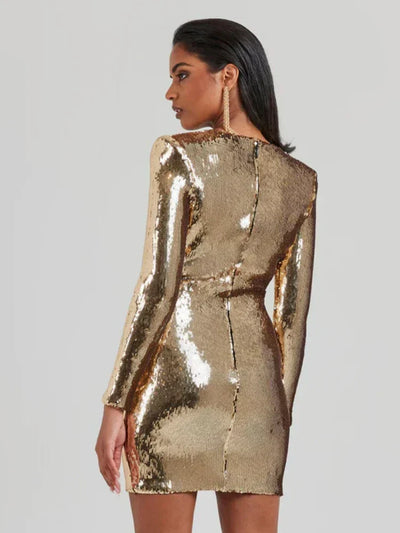 Naomi - Sequins Long Sleeves Fold Mini Dress