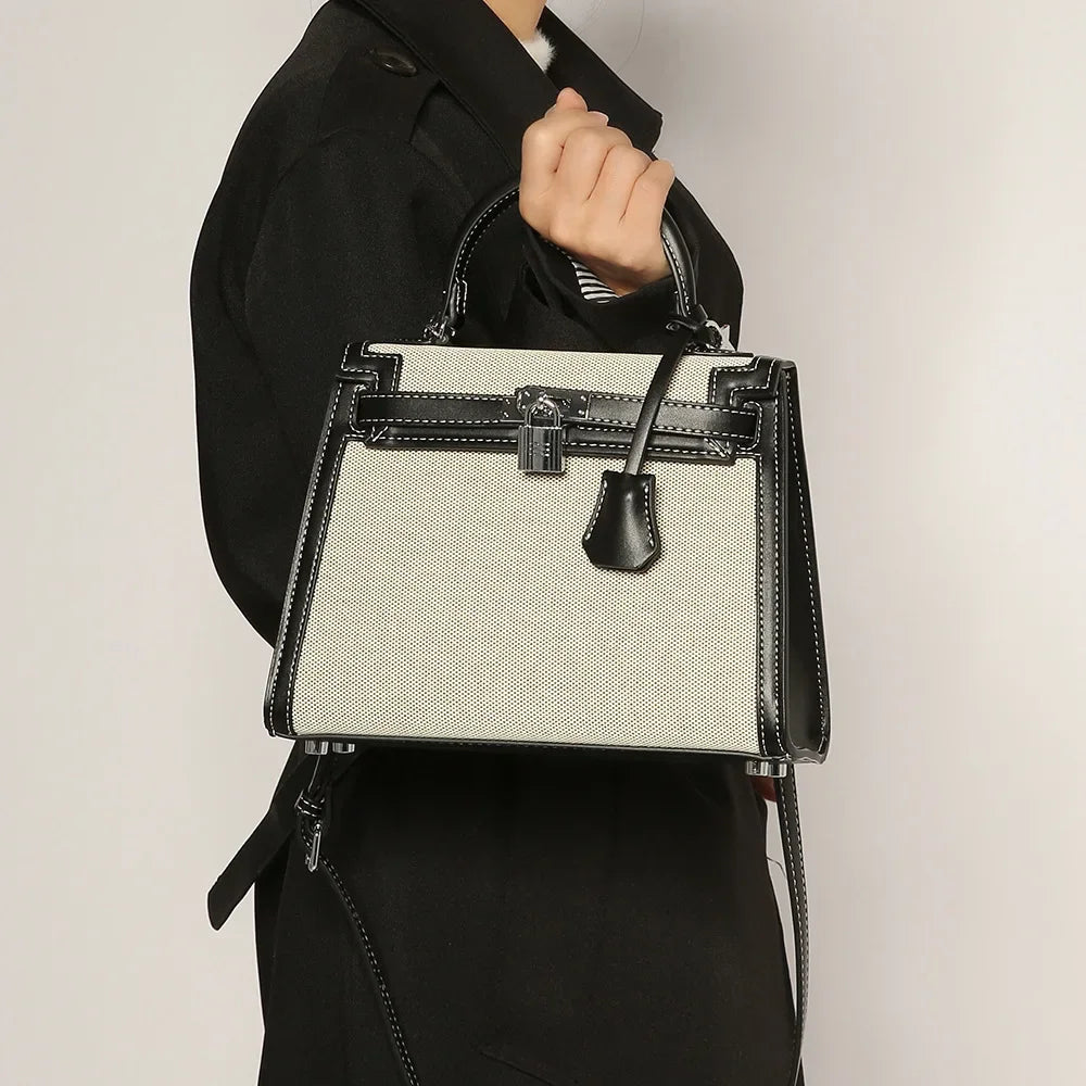 The Rose | Elegant Canvas & Black Leather Handbag – Classic & Timeless