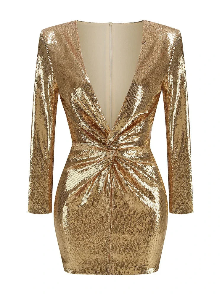 Naomi - Sequins Long Sleeves Fold Mini Dress