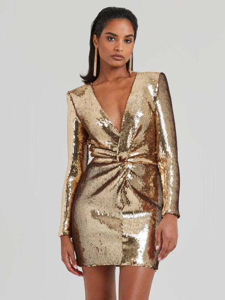 Naomi - Sequins Long Sleeves Fold Mini Dress