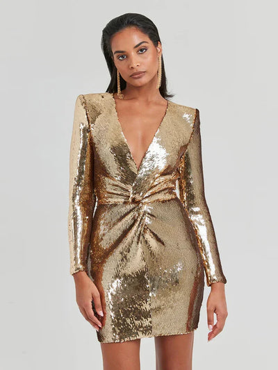 Naomi - Sequins Long Sleeves Fold Mini Dress