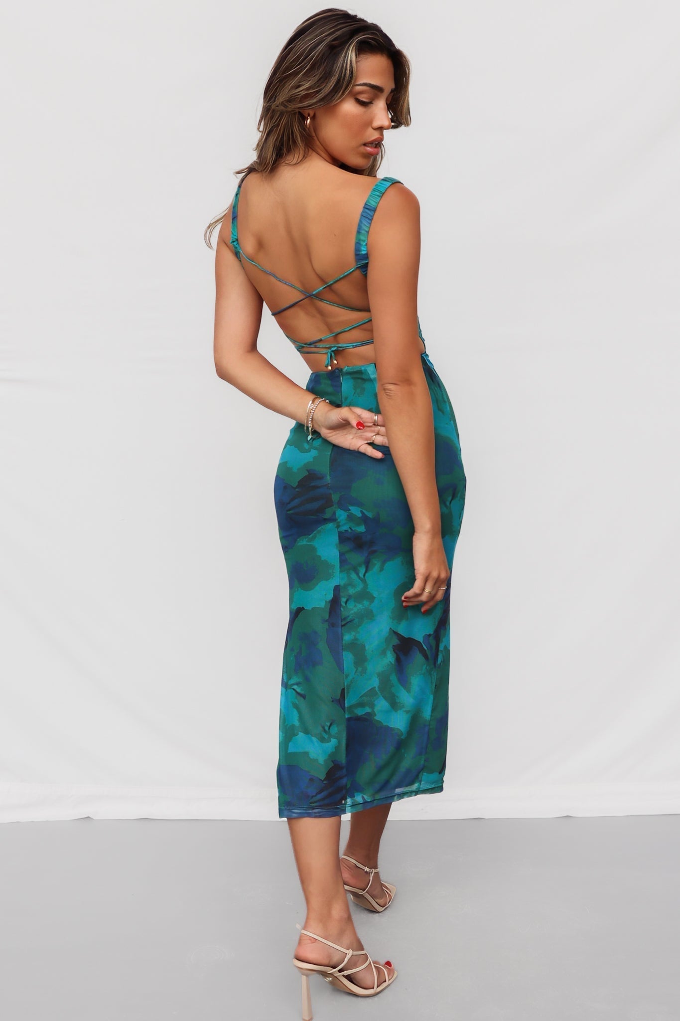 Iman - Floral Green Open Back Midi Dress