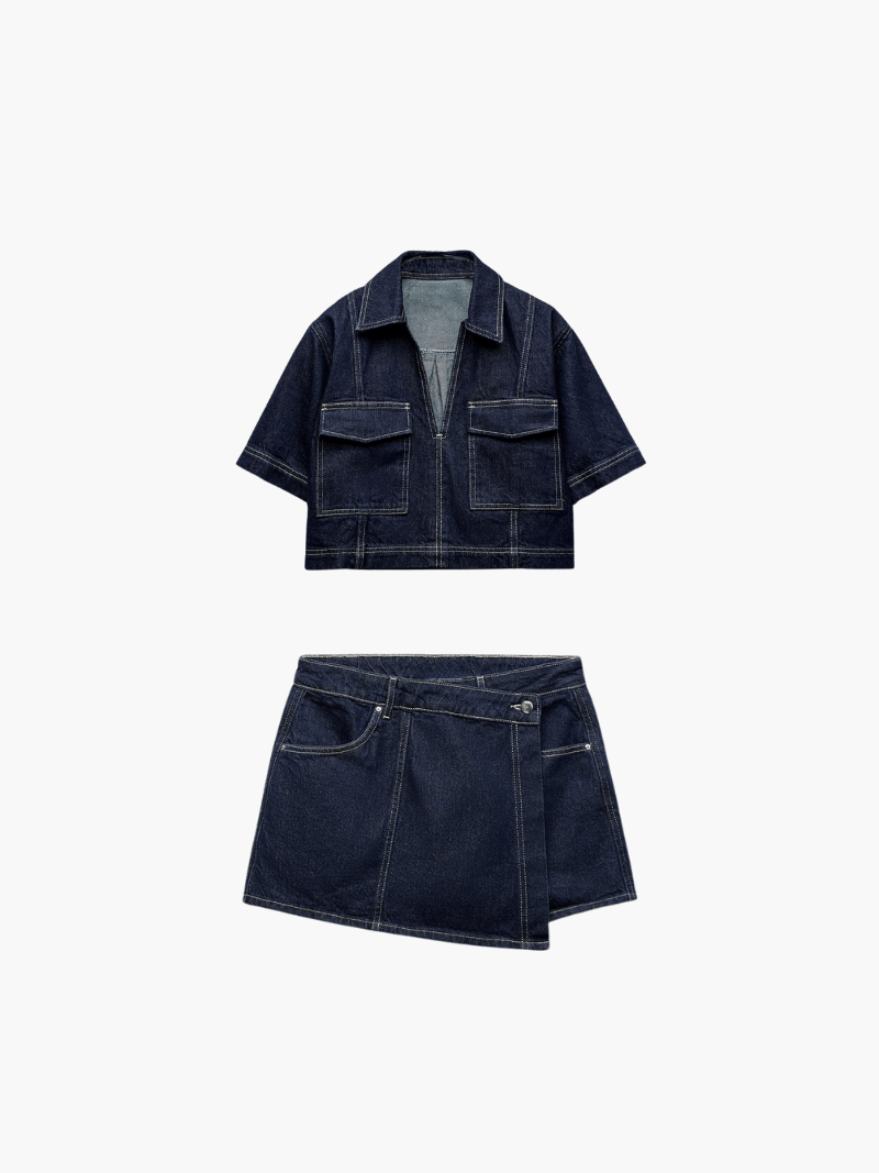 Faelyn - Denim Cropped-Top & Skirt Two-Piece Set