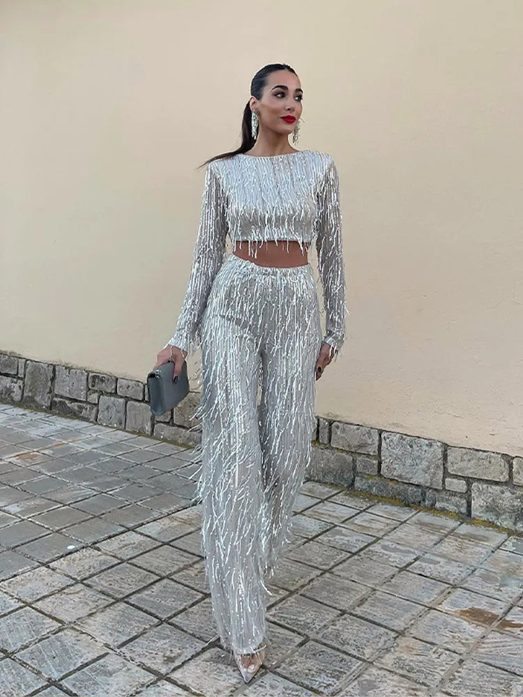 Laina - Sequins Tassel Crop Top Two-Piece Set