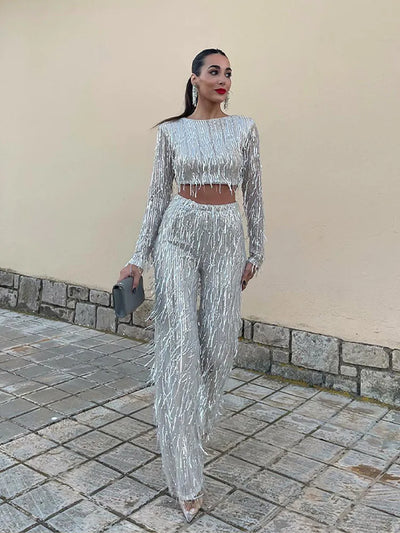 Laina - Sequins Tassel Crop Top Two-Piece Set