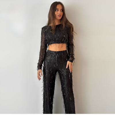 Laina - Sequins Tassel Crop Top Two-Piece Set