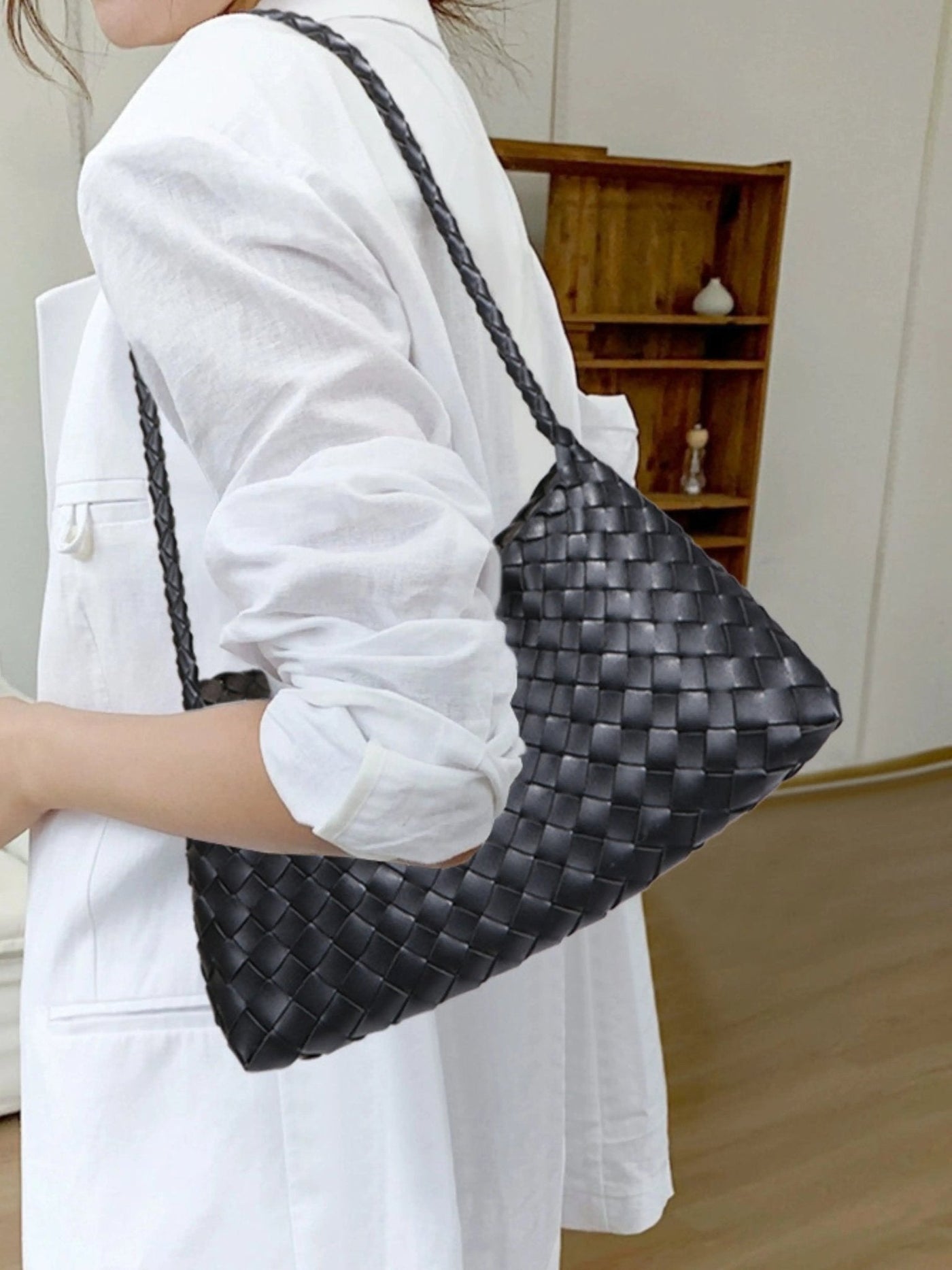 Ella | Elegant Black Woven Leather Shoulder Bag