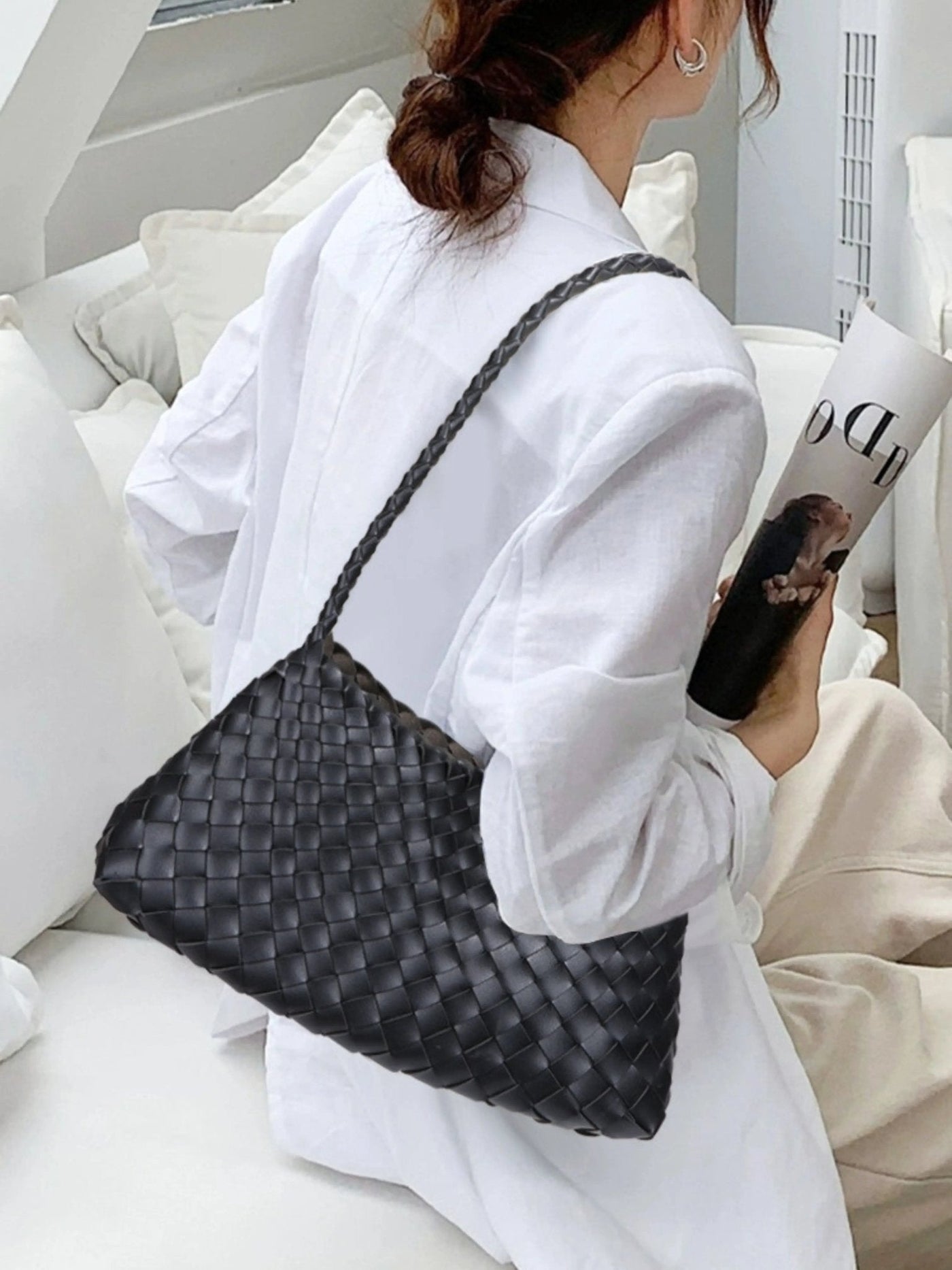 Ella | Elegant Black Woven Leather Shoulder Bag