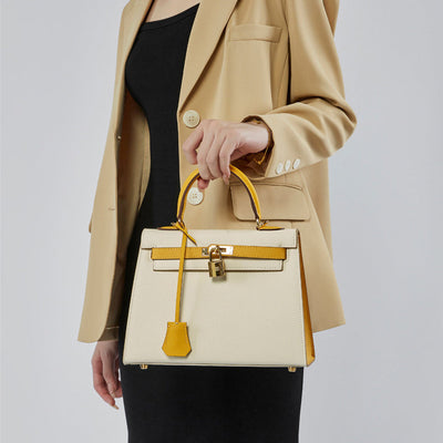 The Kelly | Luxury White & Yellow Leather Handbag – Elegant & Chic