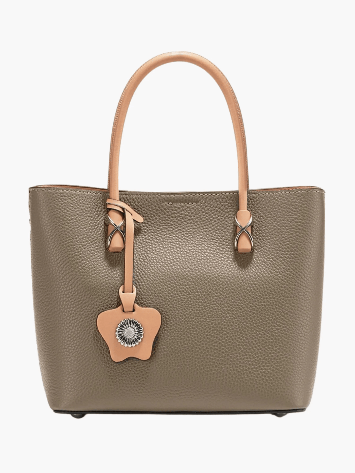 Kelly | Classic Black Leather Tote with Tan Handles and Decorative Charm