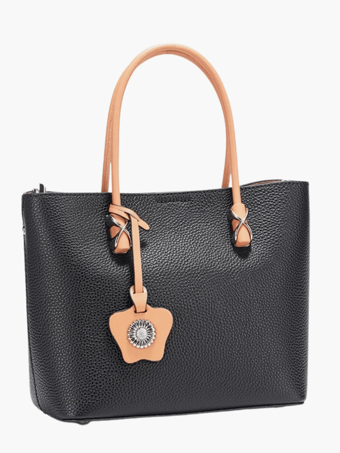 Kelly | Classic Black Leather Tote with Tan Handles and Decorative Charm