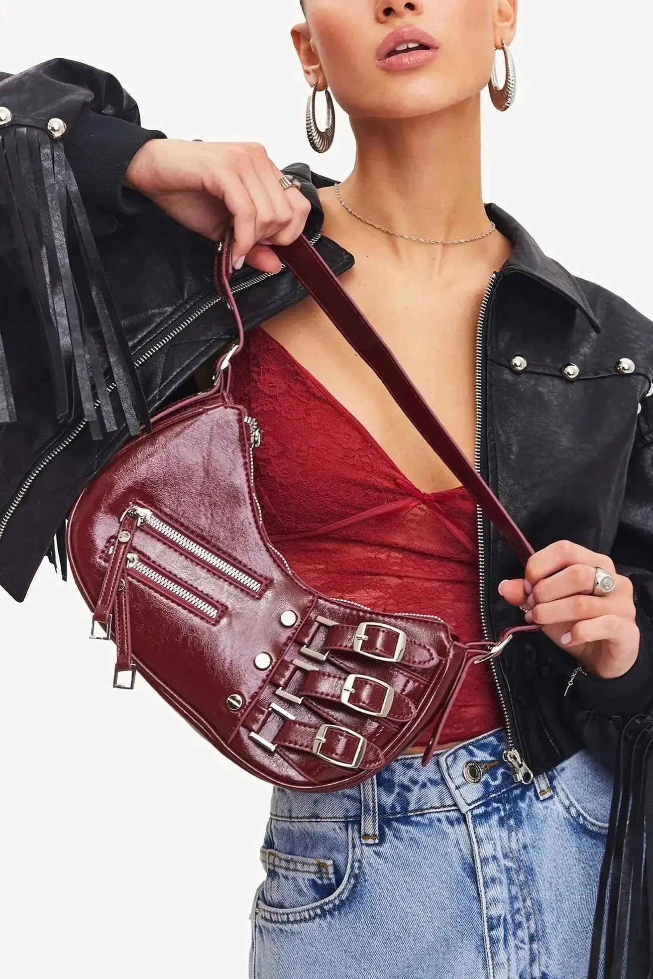 Madelon | Luxury Red Leather Shoulder Bag with Metal Details