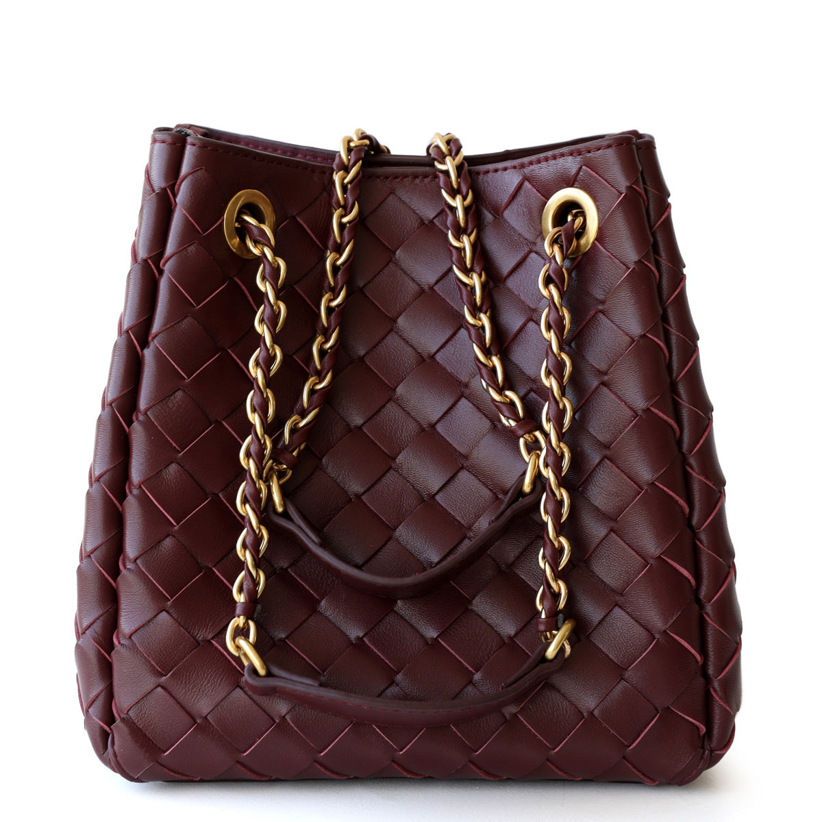 The Chantall | Luxury Wine Red Woven Leather Bucket Bag – Elegant & Stylish