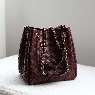 The Chantall | Luxury Wine Red Woven Leather Bucket Bag – Elegant & Stylish