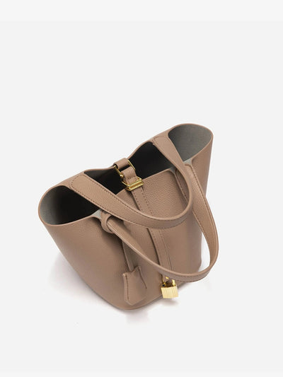 Odette |  Luxurious Taupe Leather Bucket Bag with Gold Lock