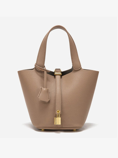 Odette |  Luxurious Taupe Leather Bucket Bag with Gold Lock