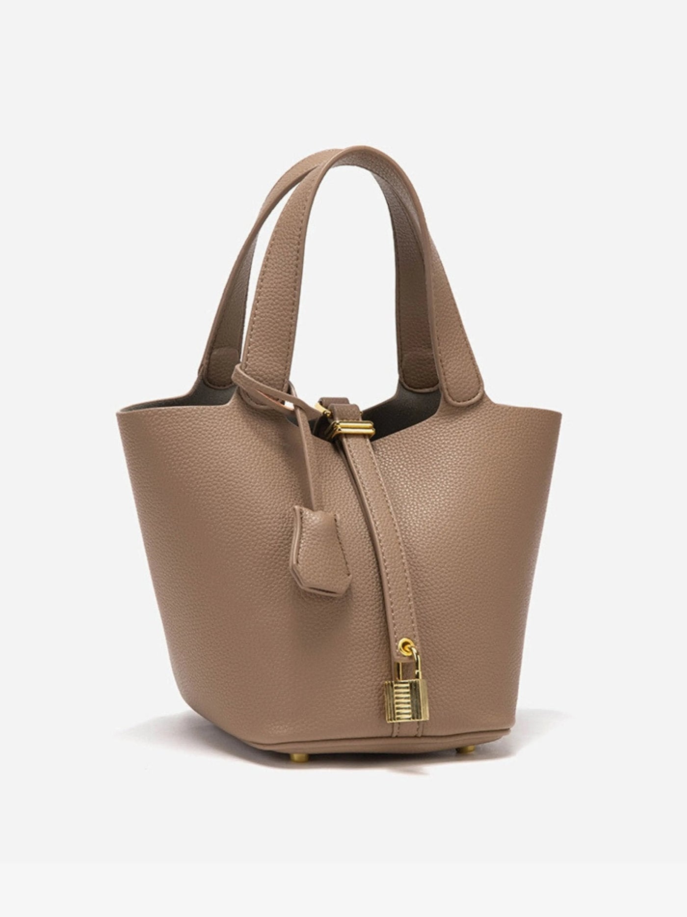 Odette |  Luxurious Taupe Leather Bucket Bag with Gold Lock