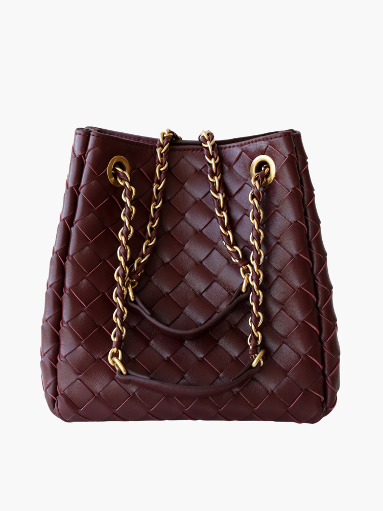 The Chantall | Luxury Wine Red Woven Leather Bucket Bag – Elegant & Stylish