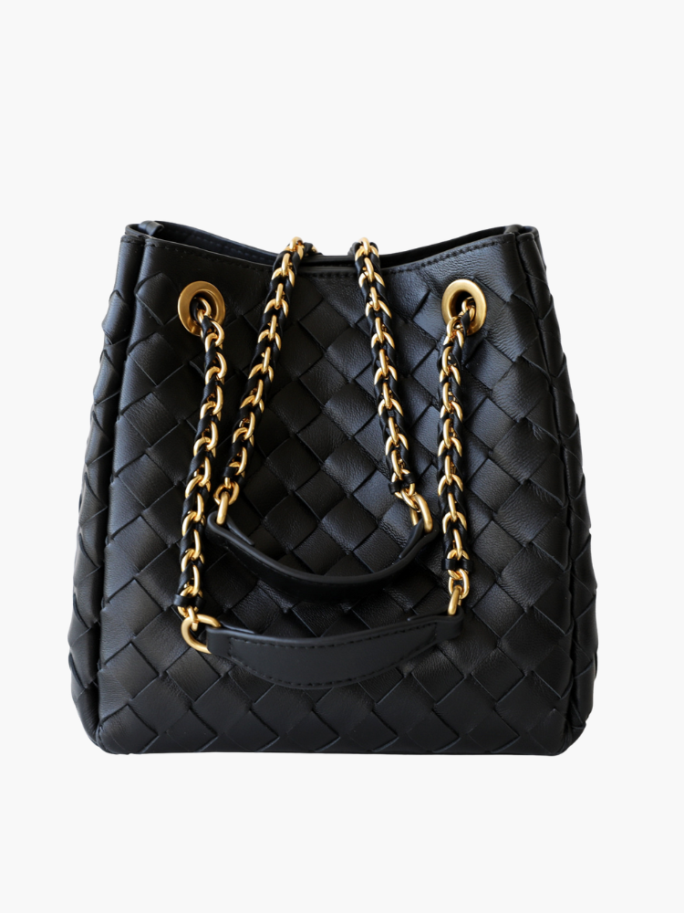 The Chantall | Luxury Black Woven Leather Bucket Bag – Chic & Sophisticated