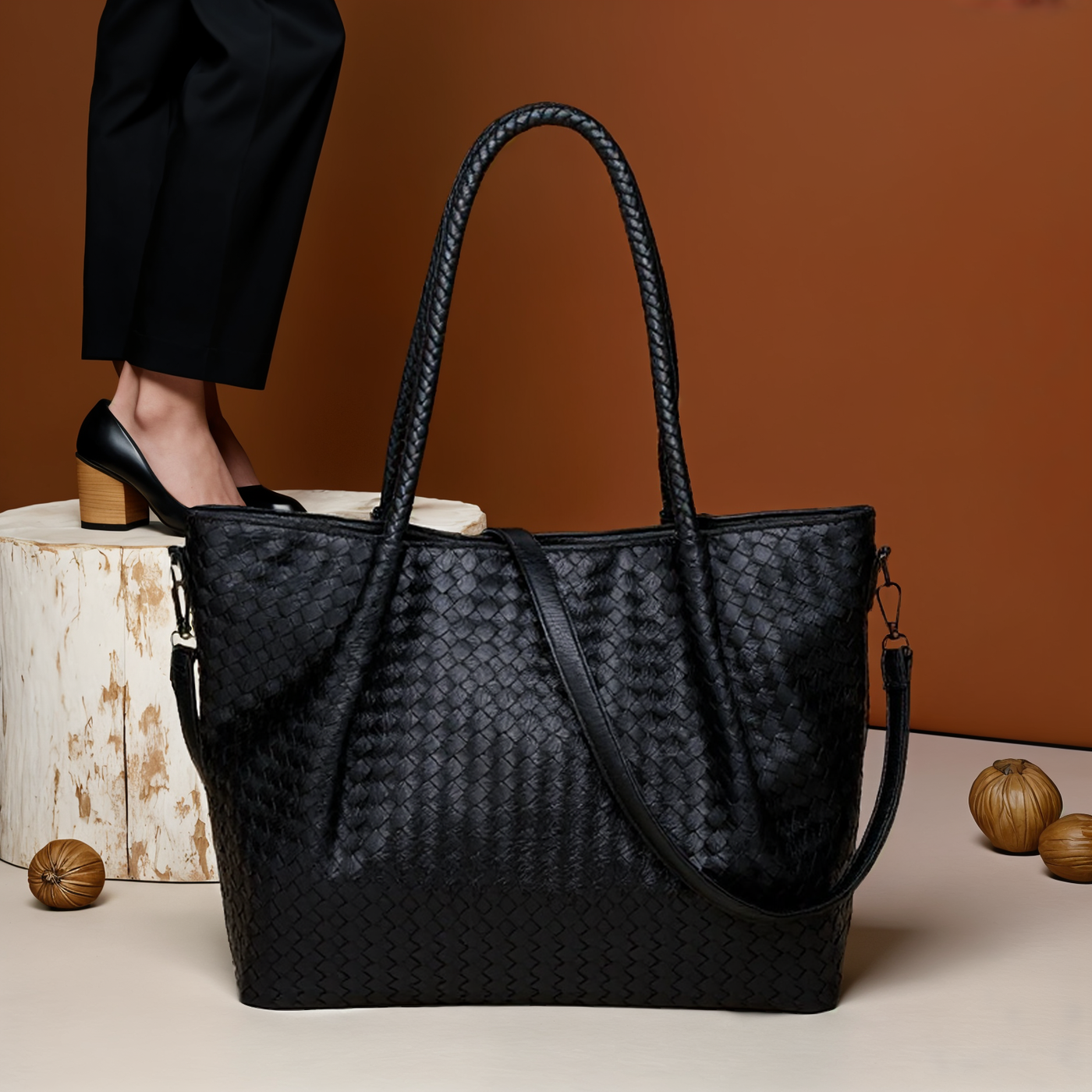 The Abigail | Luxury Black Woven Leather Tote Bag – Stylish & Spacious