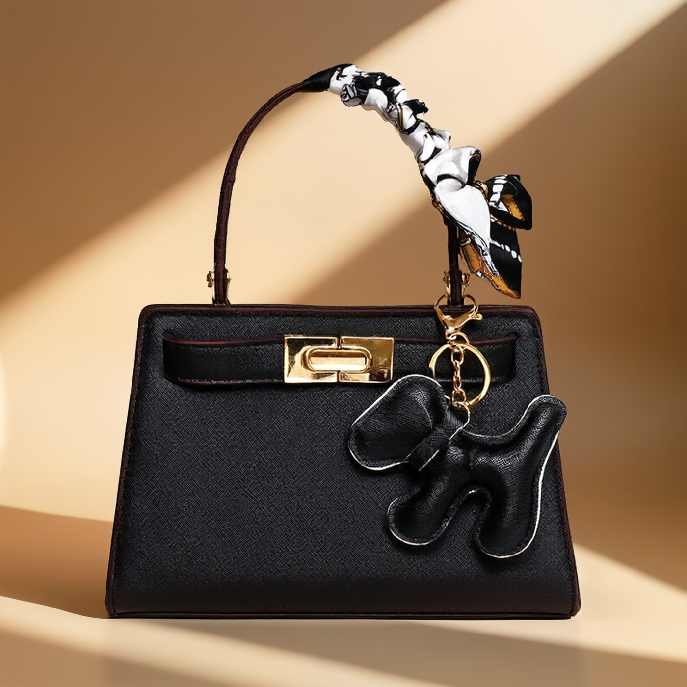 The Sebine | Elegant Black Leather Handbag with Scarf Handle & Charm