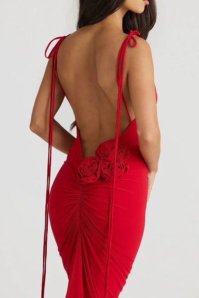 Jasira - Backless Rose Knot Maxi Dress