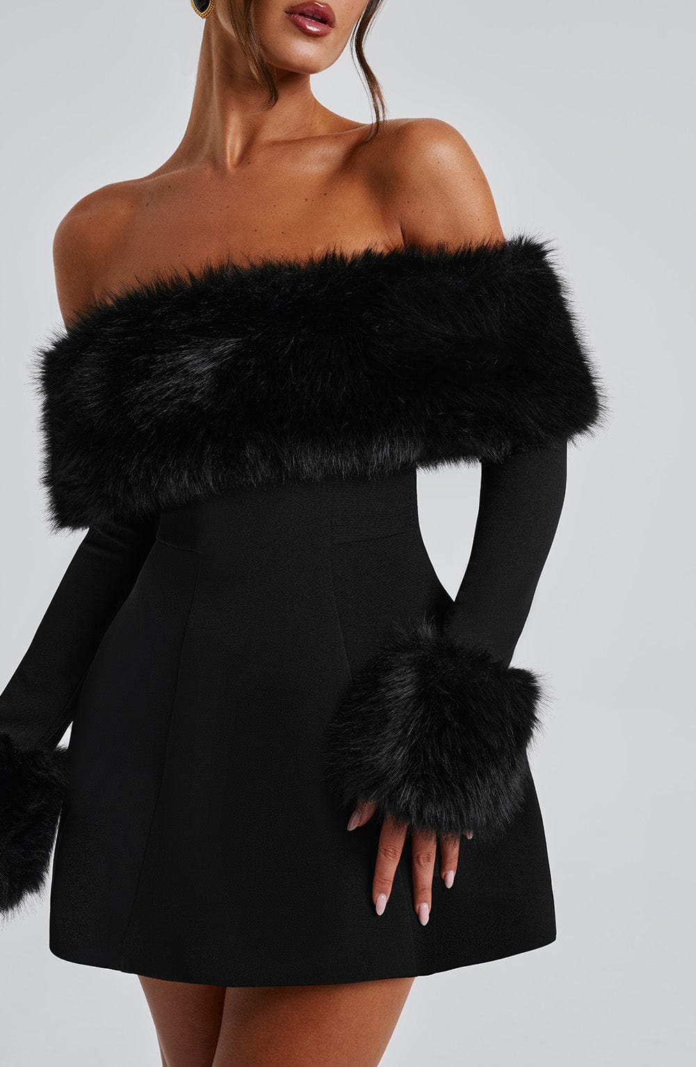 Rory - Off-Shoulder Fur Sleeve Mini Dress