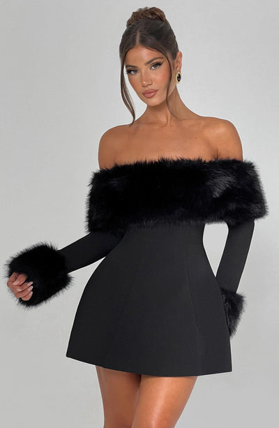 Rory - Off-Shoulder Fur Sleeve Mini Dress