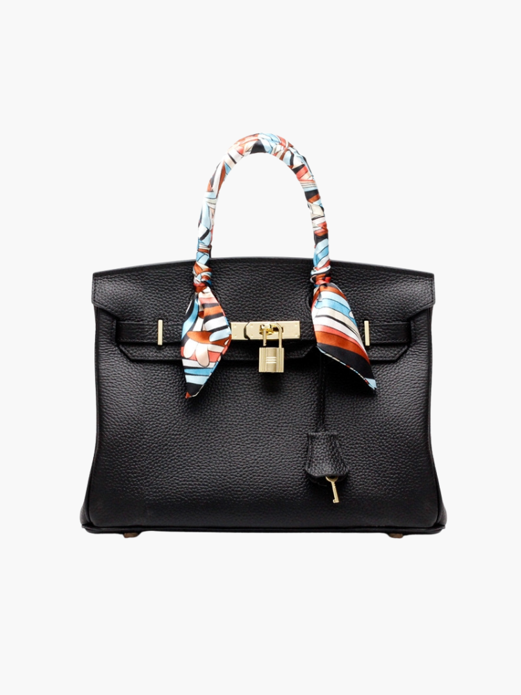 The Tabby | Luxury Black Leather Handbag with Silk-Wrapped Handle