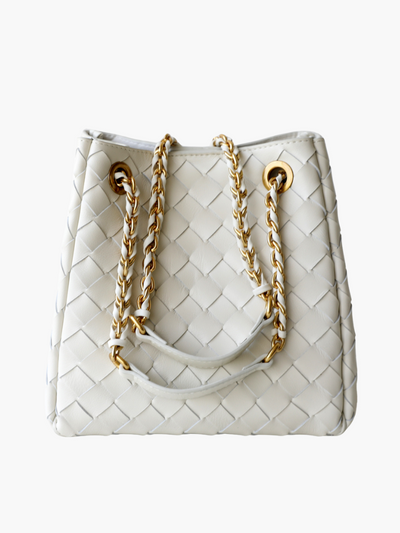 The Chantall | Luxury White Woven Leather Bucket Bag – Elegant & Versatile