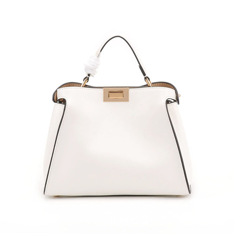 The Amy | White Leather Top Handle Middle-Size Satchel Metal Lock Shoulder Bags